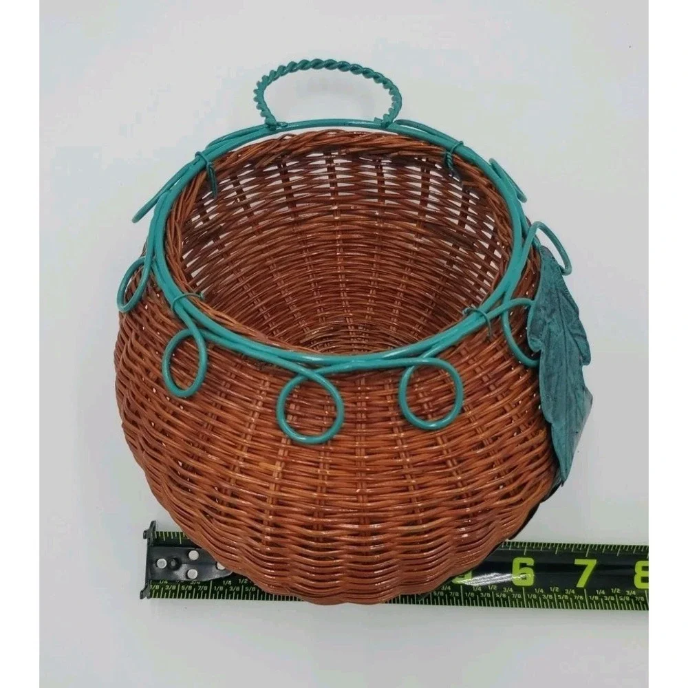 Decorative Hanging Wicker Basket with Green Metal Wire Cottagecore